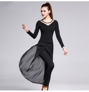 Black v neck long sleeves tops hip scarf long pants practice performance competition latin salsa cha cha dance dresses costumes outfits